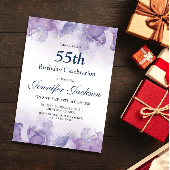 Invitación Elegante, moderno morado y dorado floral 55 años (Subido por el creador)