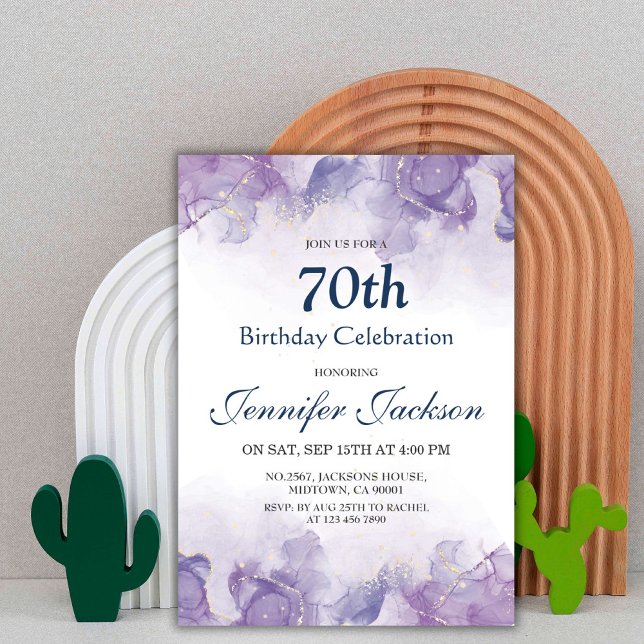 Invitación Elegante, moderno morado y dorado floral 70 cumple (Subido por el creador)