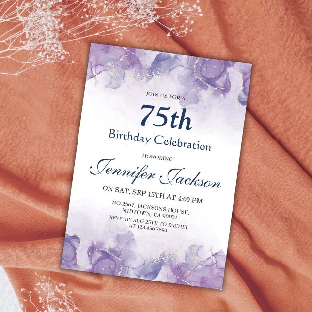 Invitación Elegante, moderno morado y dorado floral 75 años (Subido por el creador)