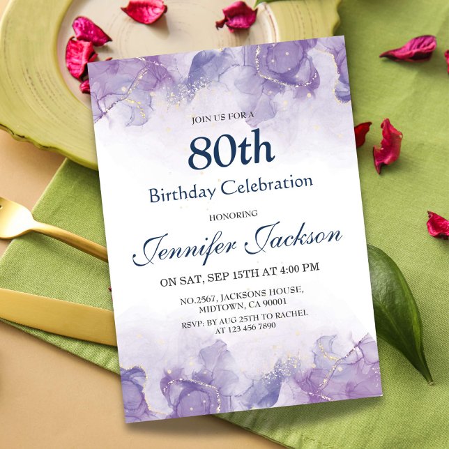 Invitación Elegante, moderno morado y dorado floral 80 cumple (Subido por el creador)
