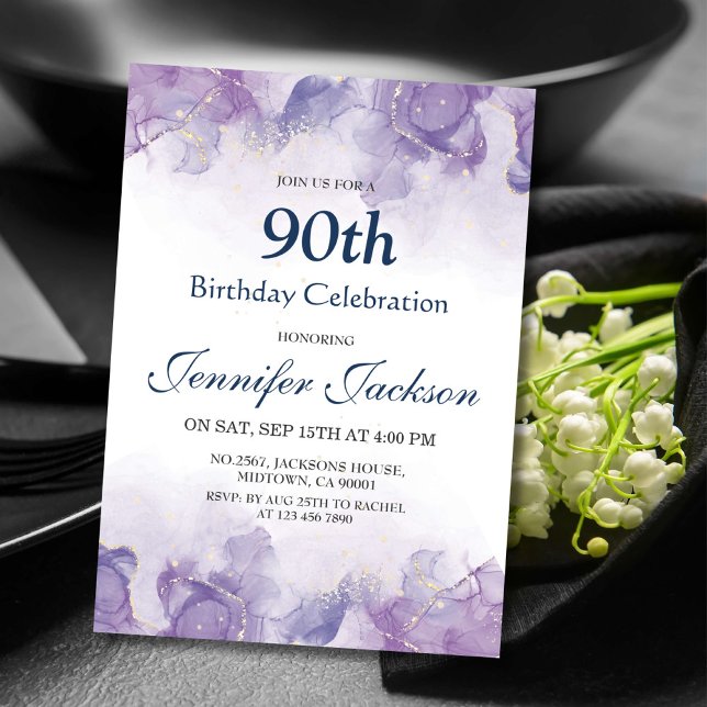 Invitación Elegante, moderno morado y dorado floral 90 cumple (Subido por el creador)