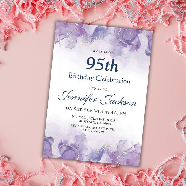 Invitación Elegante, moderno morado y dorado floral 95 años (Subido por el creador)
