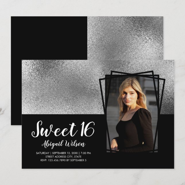 Invitación Elegante moderno negro plateado dulce de dieciséis (Anverso / Reverso)