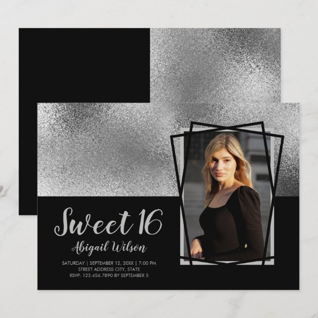 Invitación Elegante moderno negro plateado dulce de dieciséis (Anverso / Reverso)