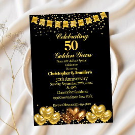 Invitación Elegante Moderno Negro y Oro 50 Aniversario de Bod