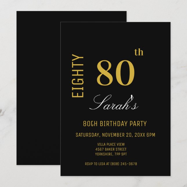 Invitación Elegante moderno negro y oro 80 cumpleaños (Anverso / Reverso)