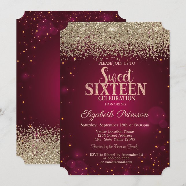 Invitación Elegante Moderno Oro Diamantes Rojo Cumpleaños 16 (Anverso / Reverso)