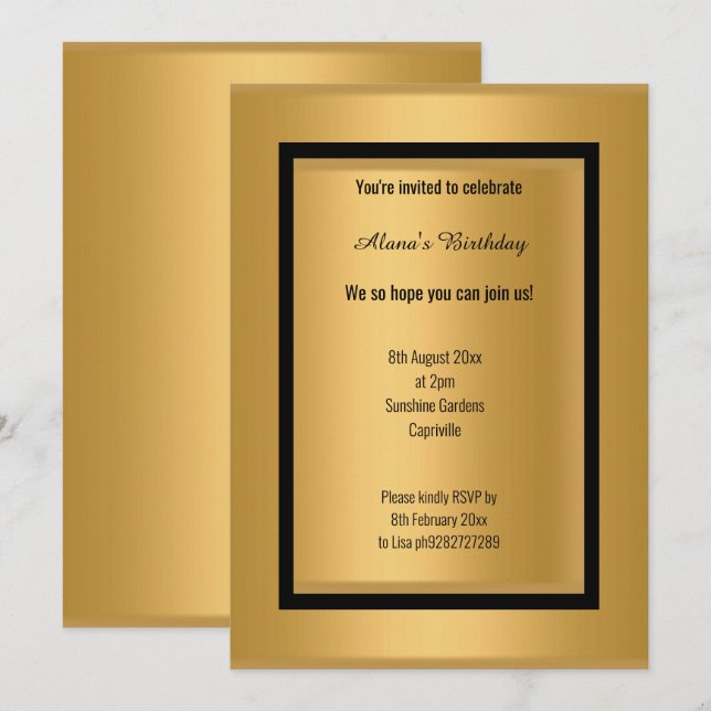 INVITACIÓN ELEGANTE MODERNO ORO NEGRO METÁLICO TODA OCASIÓN (Anverso / Reverso)