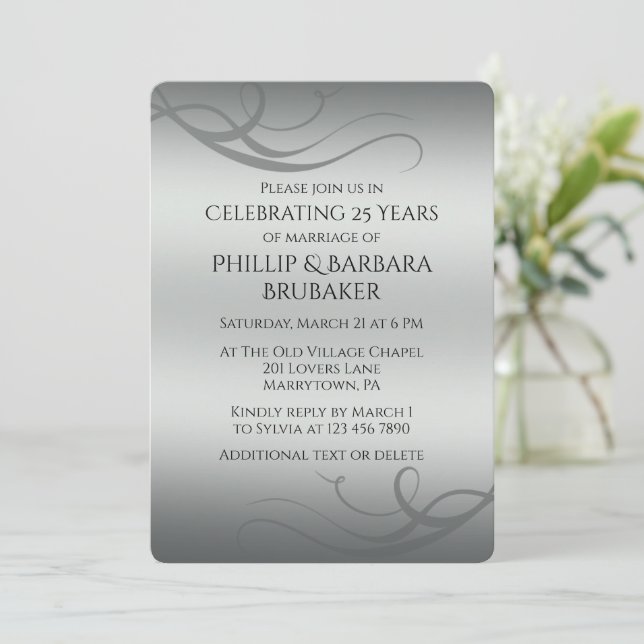 Invitación Elegante Moderno Plata Aniversario de Bodas número (Anverso de pie)