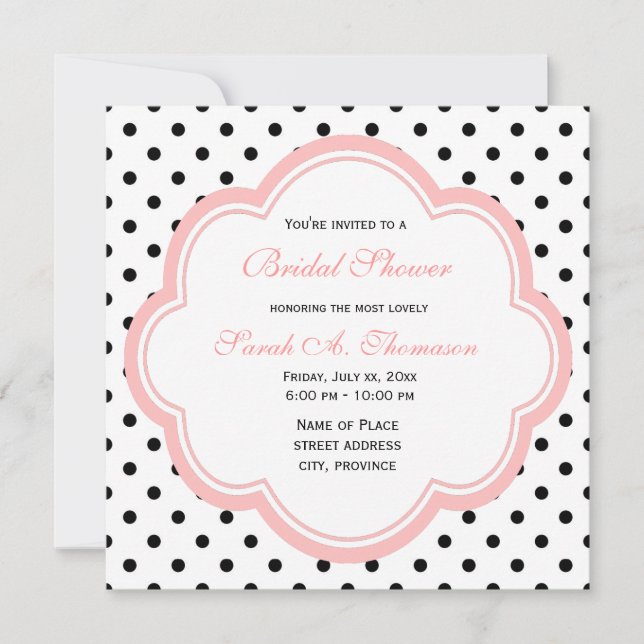Invitación Elegante, moderno polka B&W pega la ducha de novia (Anverso)