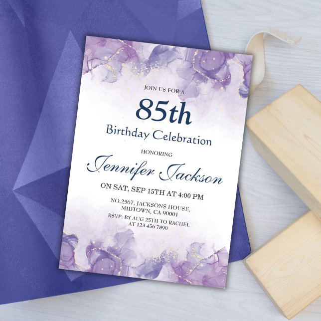 Invitación Elegante, moderno púrpura y floral de oro, cumplea (Subido por el creador)