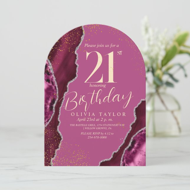 Invitación Elegante moderno rosa agate oro 21 cumpleaños (Anverso de pie)