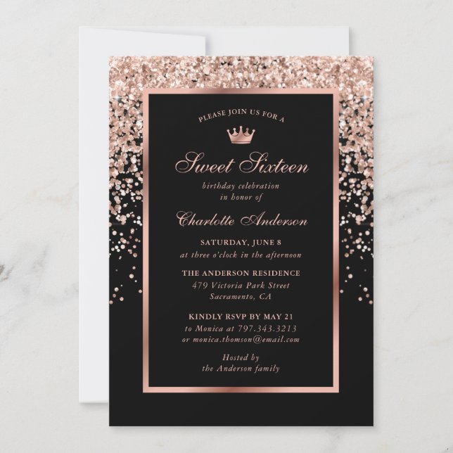 Invitación Elegante moderno Rosa negro dorado dulce 16 cumple (Anverso)