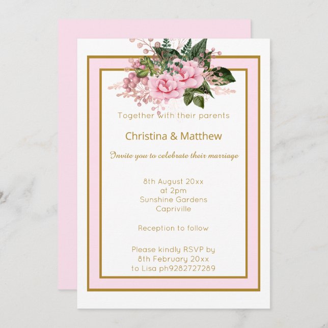 INVITACIÓN ELEGANTE MODERNO ROSA ORO BLANCO FLORAL BODA (Anverso / Reverso)