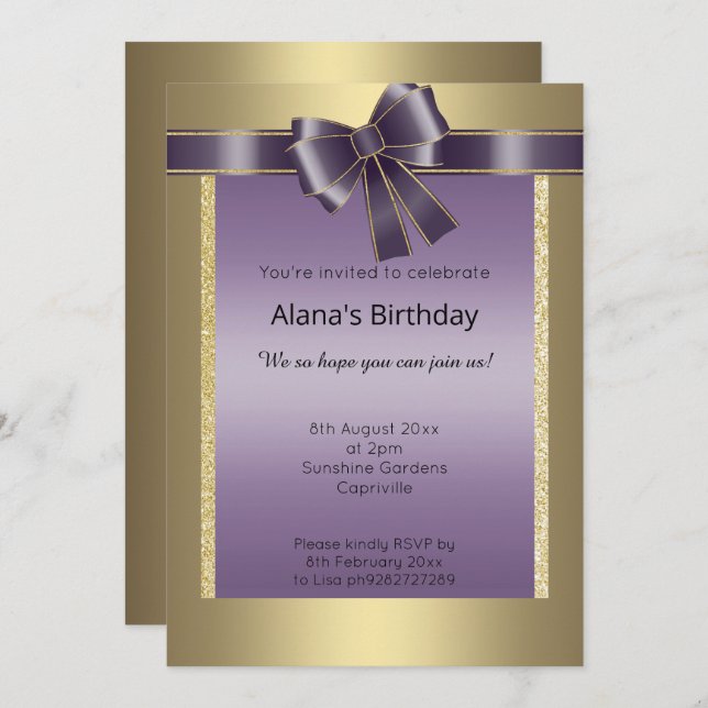 INVITACIÓN ELEGANTE MODERNO SIMPLE PURPURINA GOLD PURPLE BOW (Anverso / Reverso)