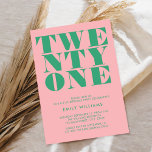 Invitación Elegante moderno verde rosa negrita 21 cumpleaños<br><div class="desc">Invitación moderna de 21 años con elegante tipografía audaz y diseño minimalista de color verde rosa.</div>