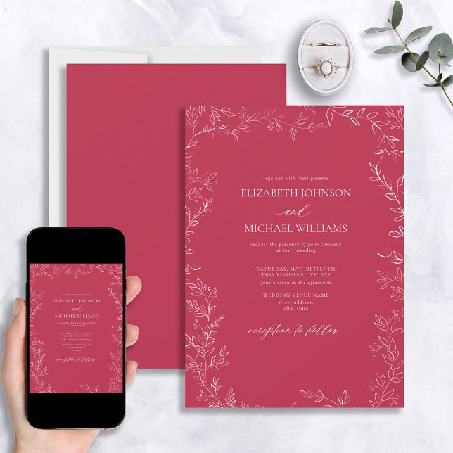 Invitación Elegante moderno Vivid Magenta Boda de hoja mínima (Subido por el creador)