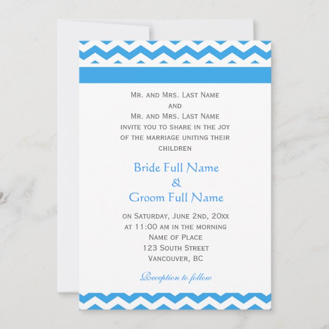 Invitación Elegante, moderno y de moda boda de chevron azul (Anverso)