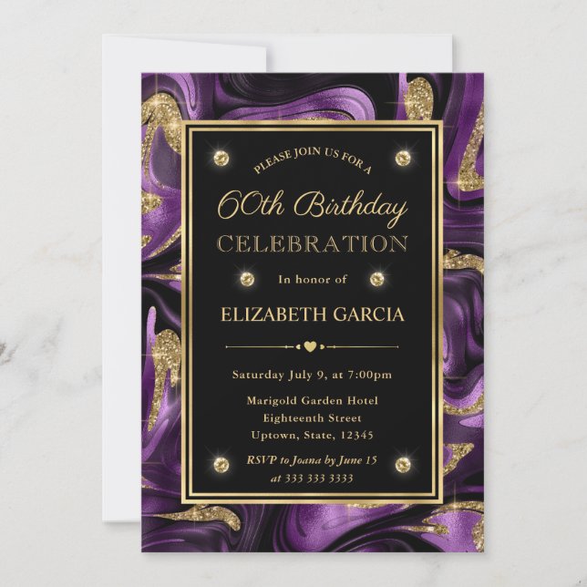 Invitación Elegante Molten Purple & Gold Purpurina 60 cumplea (Anverso)