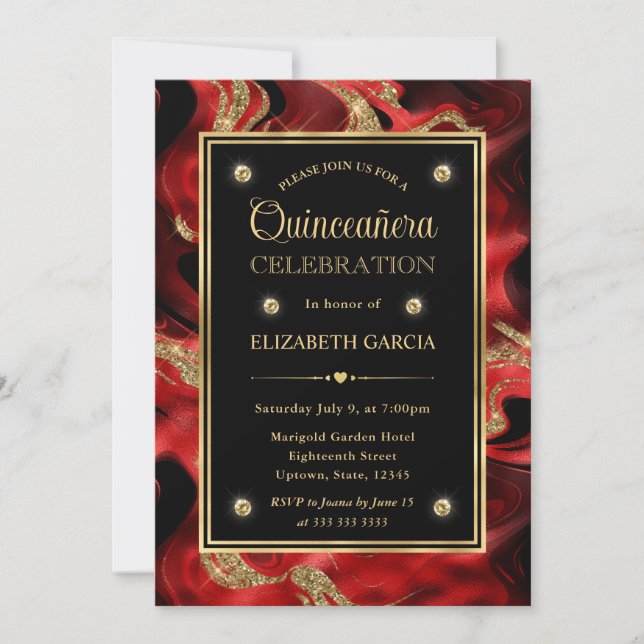 Invitación Elegante Molten Red y Purpurina de oro Quinceanera (Anverso)