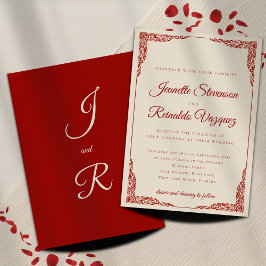 Invitación Elegante Monocromático Ruby Rojo Hueso Boda Blanco