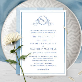 Invitación Elegante Monograma Azul Boda de acuarela formal en