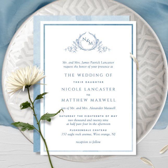 Invitación Elegante Monograma Azul Boda de acuarela formal en (Subido por el creador)