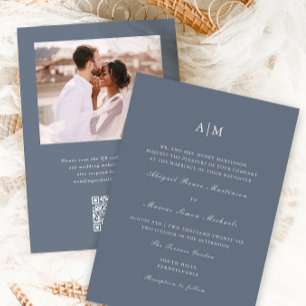 Invitación Elegante Monograma Azul Dusty QR Boda de fotografí