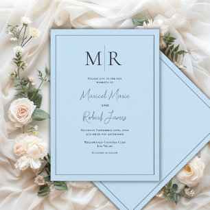 Invitación Elegante Monograma Azul Pastel Boda Moderna