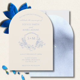 Invitación Elegante Monograma Azul Primer Escudo Boda Floral