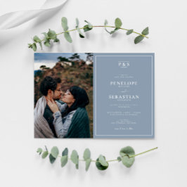 Invitación Elegante Monograma azul turbio Boda de fotografía