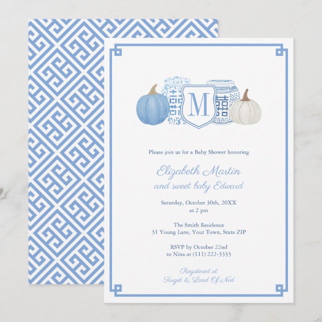 Invitación Elegante Monograma Baby Shower de calabazas azules (Anverso / Reverso)