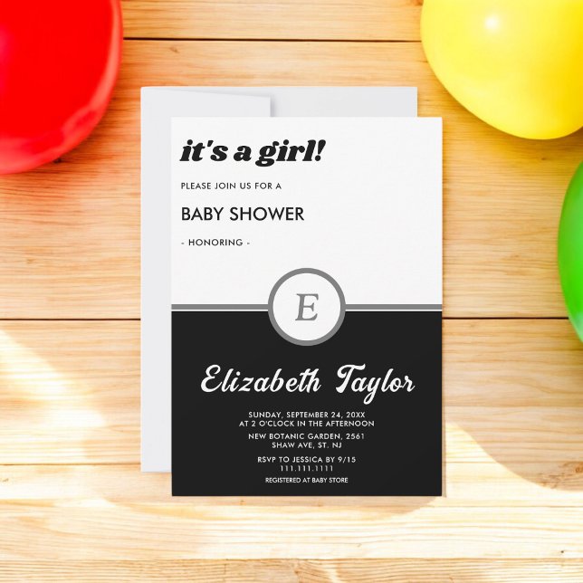 Invitación Elegante Monograma Baby Shower De Moda Blanco Y Ne (Subido por el creador)