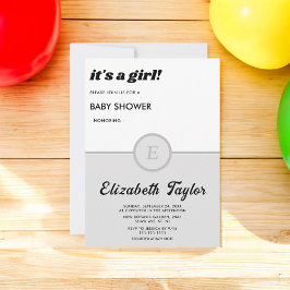 Invitación Elegante Monograma Baby Shower Gris Negro Y Blanco