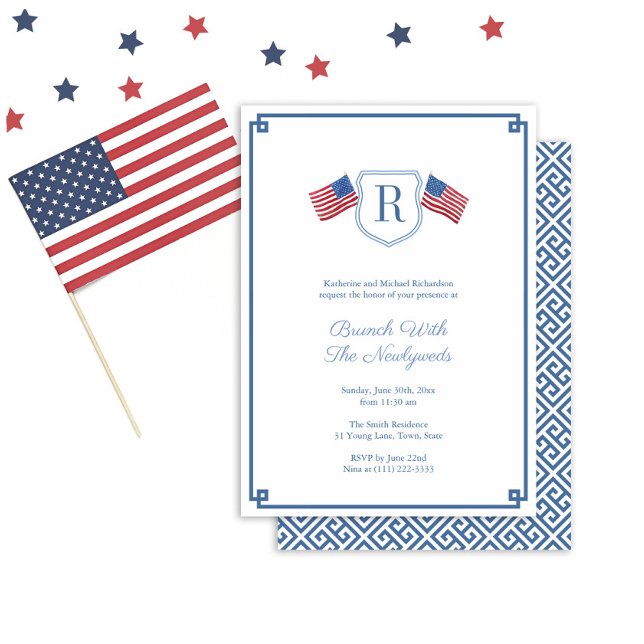 Invitación Elegante Monograma Bandera de Estados Unidos Boda  (Elegant Monogram Brunch With The Newlyweds Wedding Invitation in red white and blue for labor day)