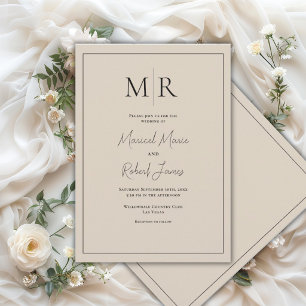 Invitación Elegante Monograma Beige Neutro Boda Moderna