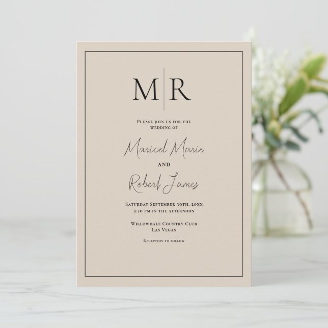 Invitación Elegante Monograma Beige Neutro Boda Moderna (Anverso de pie)