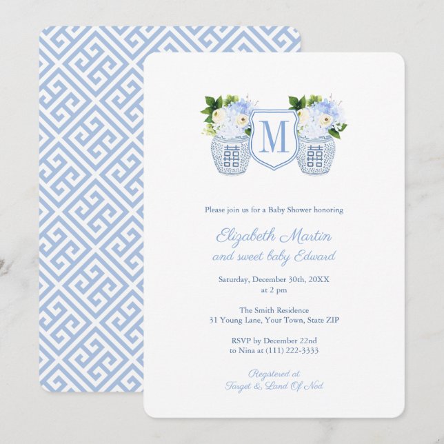 Invitación Elegante Monograma Blanco Azul Fiesta Baby Shower (Anverso / Reverso)