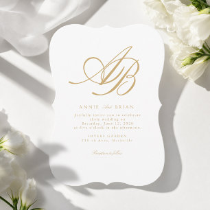 Invitación Elegante Monograma Blanco Beige Dorado Boda