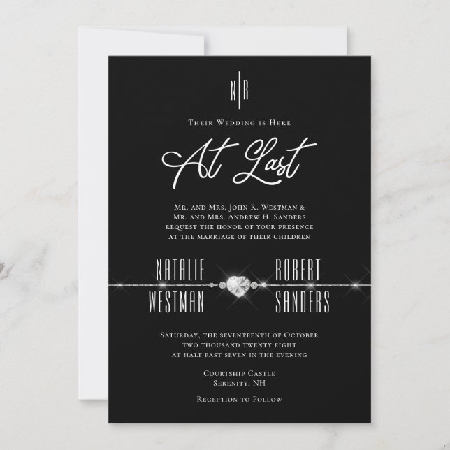 Invitación Elegante Monograma Blanco Negro En El Último Boda (Anverso)