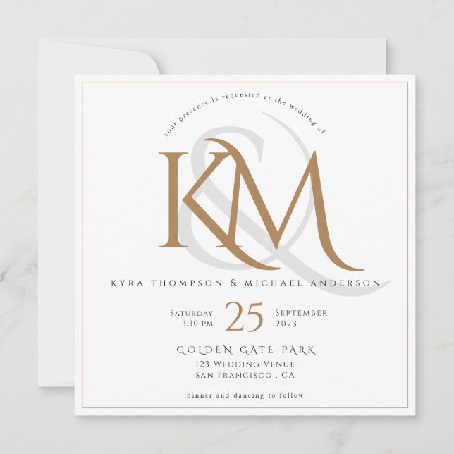Invitación Elegante Monograma Blanco y Oro Todo en un Boda (Anverso)