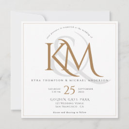 Invitación Elegante Monograma Blanco y Oro Todo en un Boda
