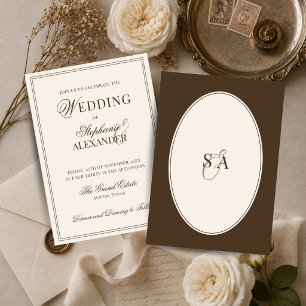 Invitación Elegante Monograma Boda Antiguo Dinero Marrón y Ma