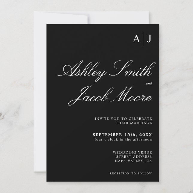 Invitación Elegante Monograma Boda blanco y negro (Anverso)