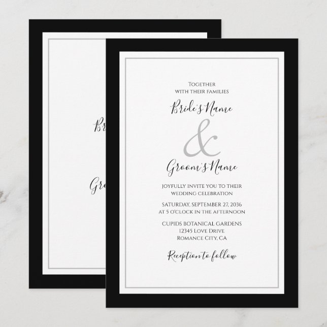Invitación Elegante Monograma Boda blanco y negro (Anverso / Reverso)