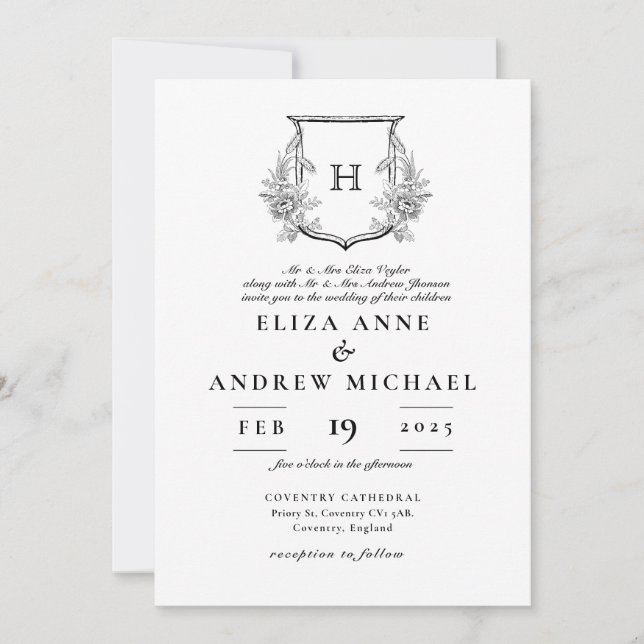 Invitación Elegante Monograma Boda blanco y negro (Anverso)