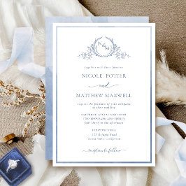 Invitación Elegante Monograma Boda de acuarela azul turbio