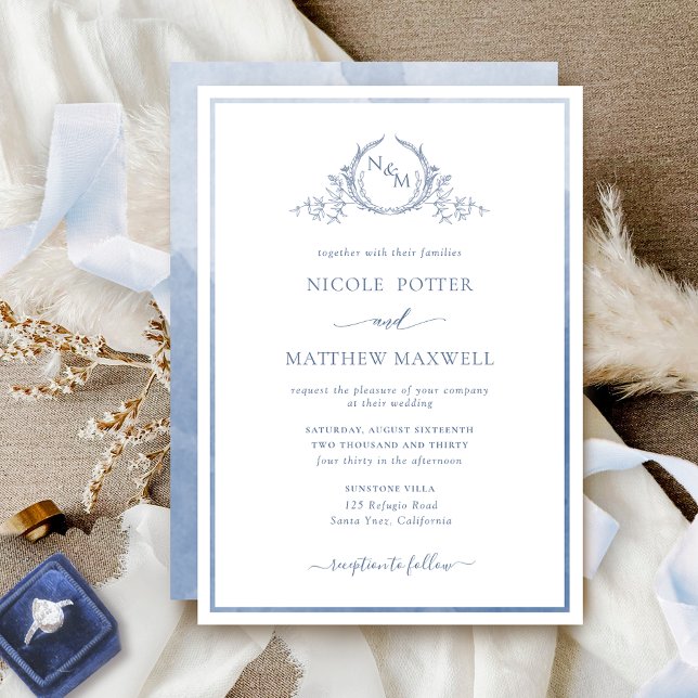 Invitación Elegante Monograma Boda de acuarela azul turbio (Subido por el creador)