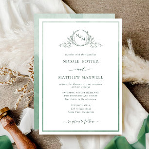 Invitación Elegante Monograma Boda de acuarela verde Invitati