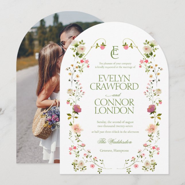 Invitación Elegante Monograma Boda de arco de fotos florales (Anverso / Reverso)